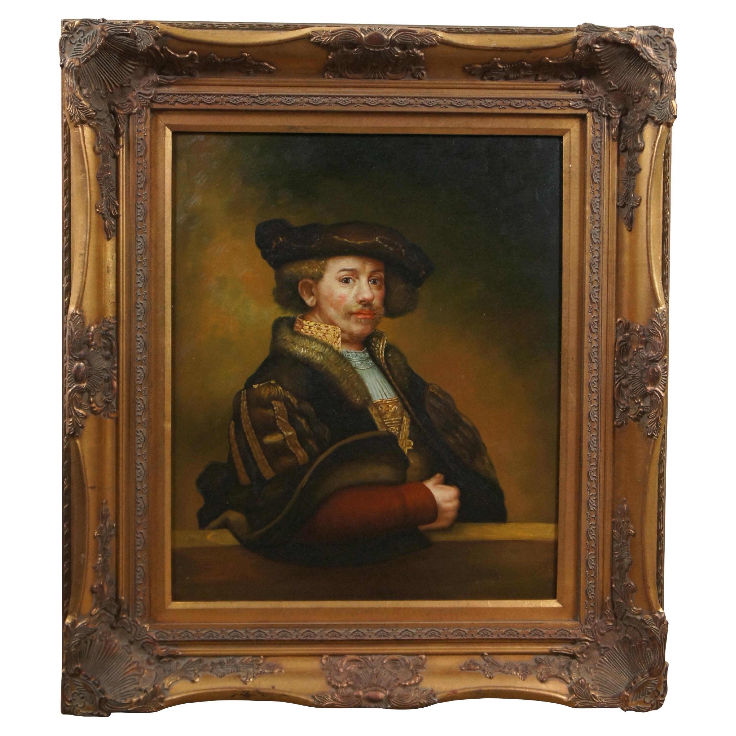 Vintage Rembrandt Self Portrait Age 34 Cavalier Oil Painting on Canvas 34" For Sale