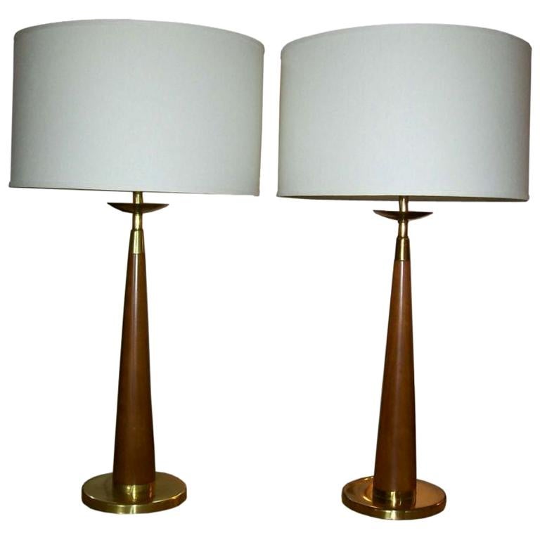 Vintage Rembrandt Wood and Brass Lamps, Pair