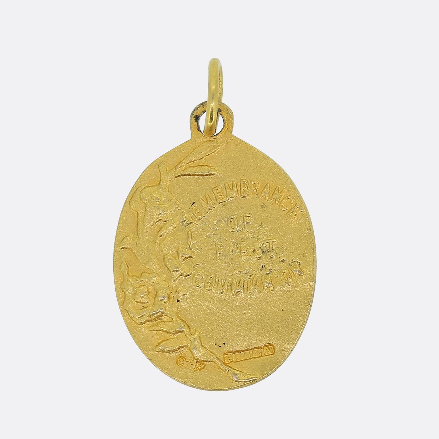 Here we have a delightful medallion pendant intended to be given as a gift as it denotes the first communion of persons life. This vintage piece has been crafted from a rich 9ct yellow gold and showcases a duo of highly detailed 3-D designs. One
