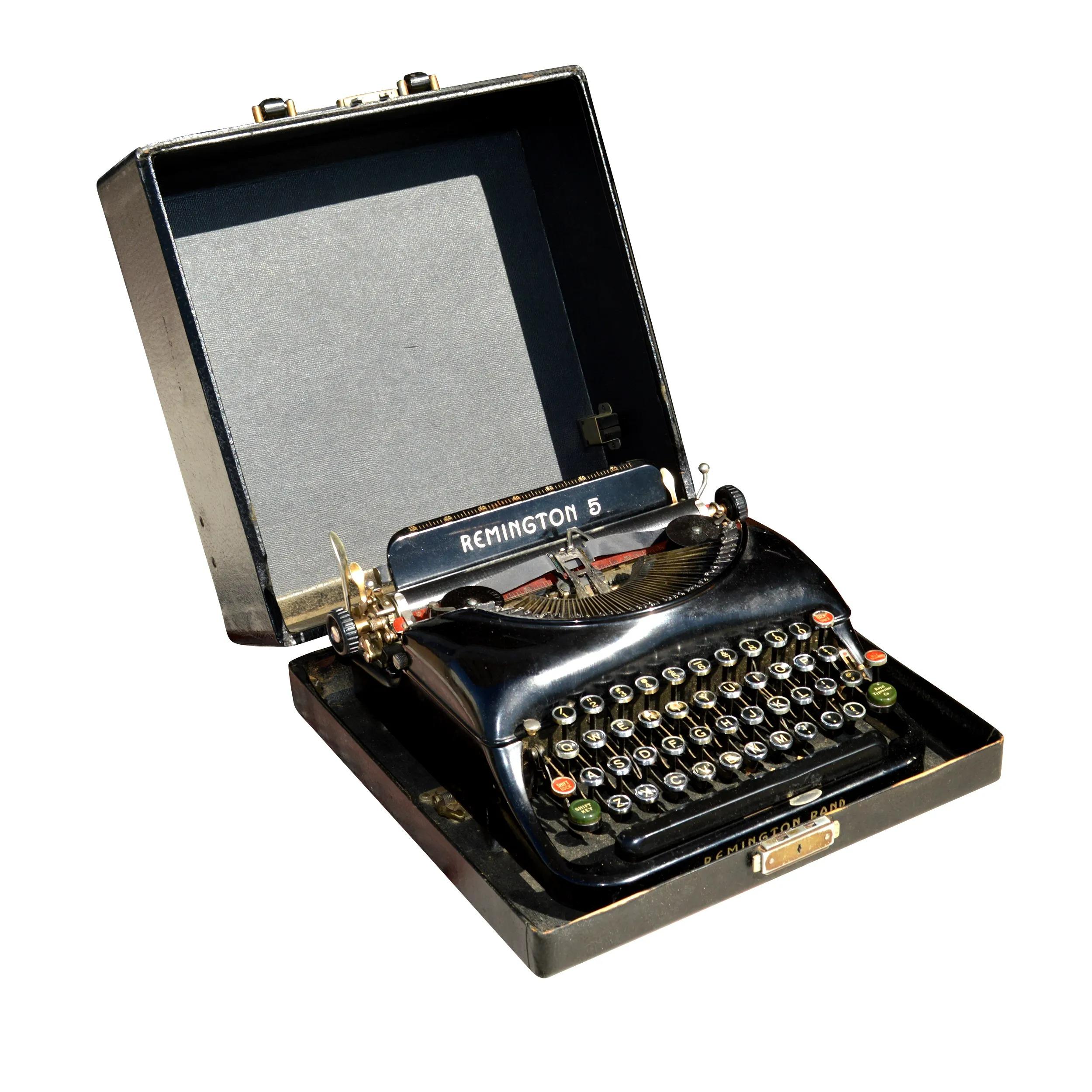 Vintage Remington Rand model 5 typewriter with portable carrying case.

This Remington Rand 5 streamlined portable typewriter was built in the 1940s and features a hard carrying case.
Typewriter is in good vintage working condition.
