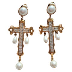 Retro Rena Lange gold-tone One Pear of Earrings with Rhinestones and Pearls