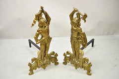 Vintage Renaissance Brass Figural Soldier Warrior Fireplace Andirons - a Pair