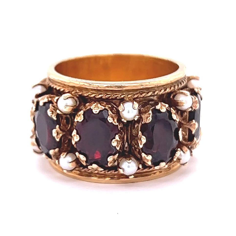 Oval Cut Vintage Renaissance Inspired Garnet Pearl Yellow Gold Thick Band