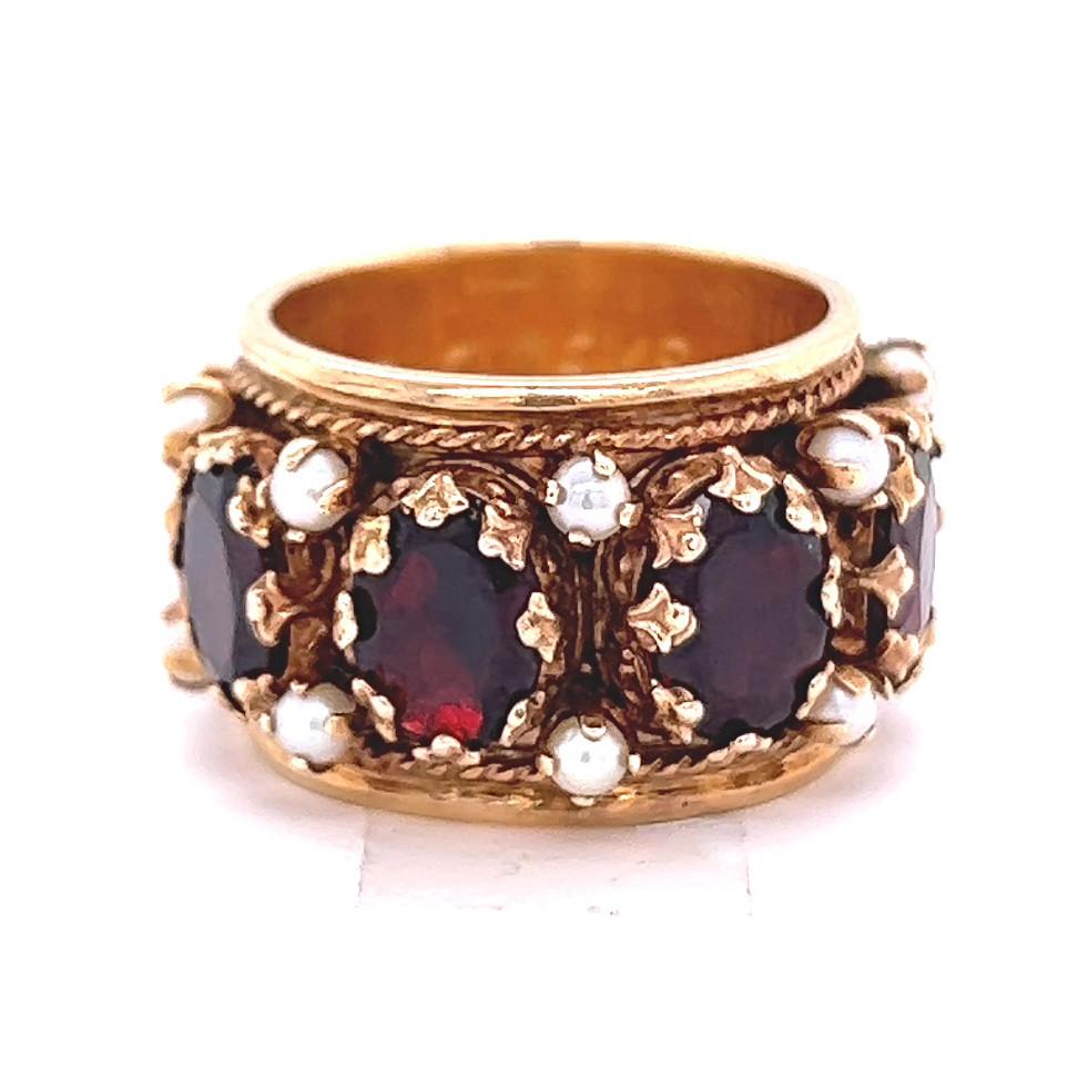 Vintage Renaissance Inspired Garnet Pearl Yellow Gold Thick Band In Excellent Condition In Beverly Hills, CA