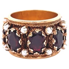 Vintage Renaissance Inspired Garnet Pearl Yellow Gold Thick Band