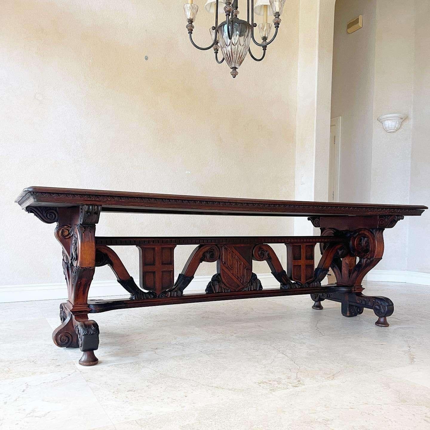 20th Century Vintage Renaissance Revival Crested Wooden Dining Table for Philco Corp For Sale