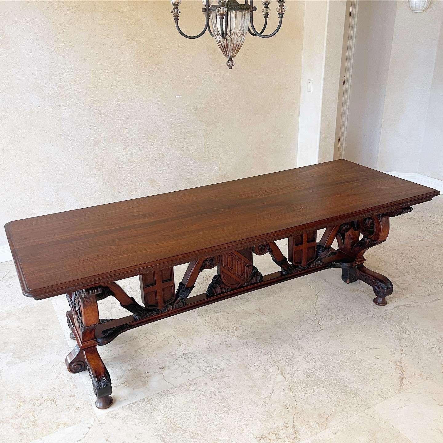 Vintage Renaissance Revival Crested Wooden Dining Table for Philco Corp For Sale 1