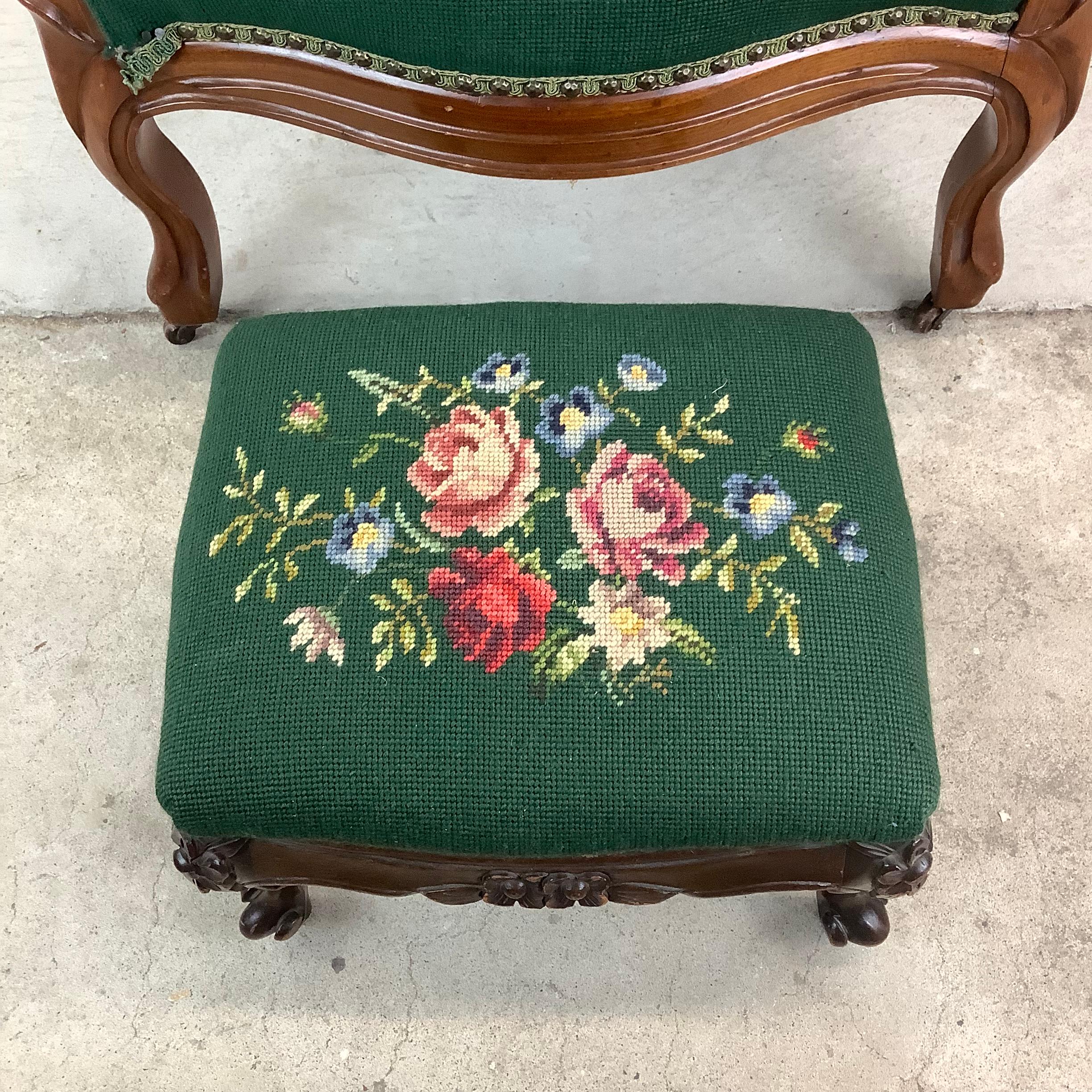 Vintage Renaissance Revival Needlepoint Armchair With Footstool For Sale 3