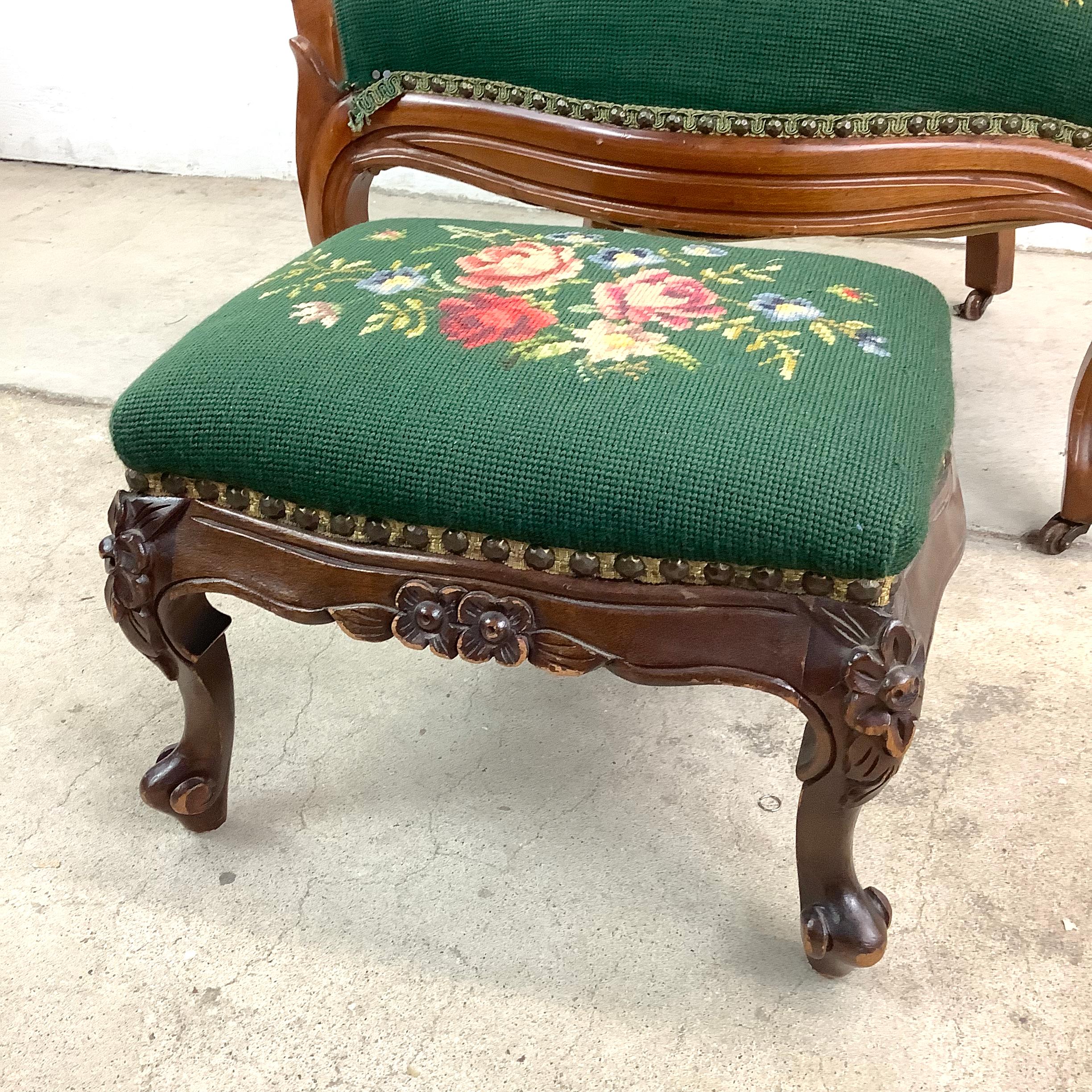 Vintage Renaissance Revival Needlepoint Armchair With Footstool For Sale 6