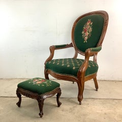 Vintage Renaissance Revival Needlepoint Armchair With Footstool