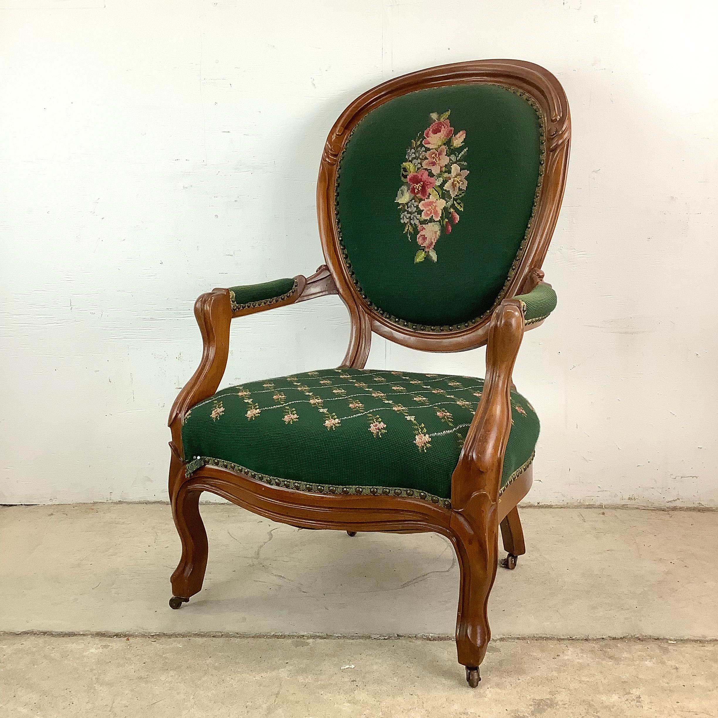 Vintage Renaissance Revival Needlepoint Armchair With Footstool In Good Condition For Sale In Trenton, NJ