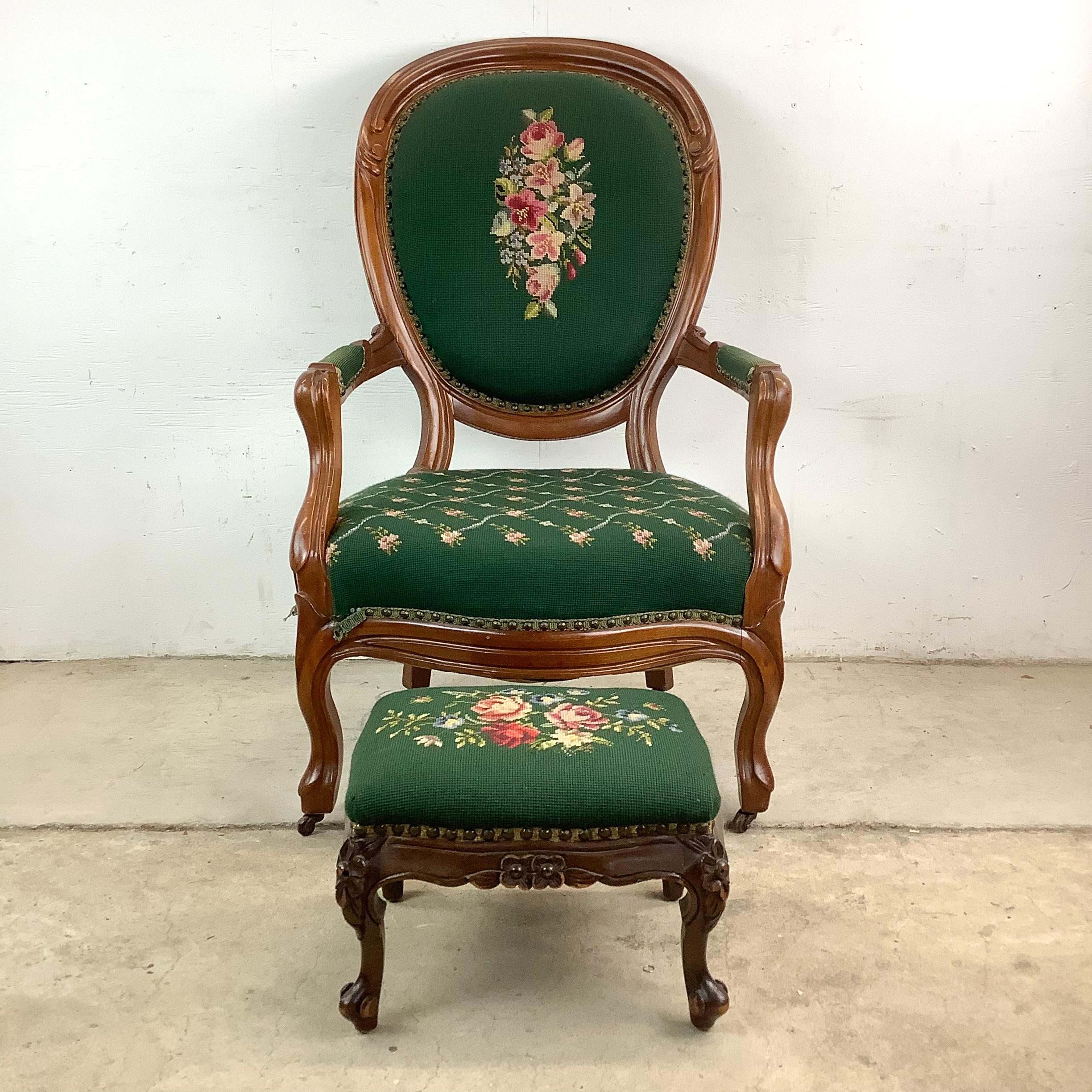19th Century Vintage Renaissance Revival Needlepoint Armchair With Footstool For Sale