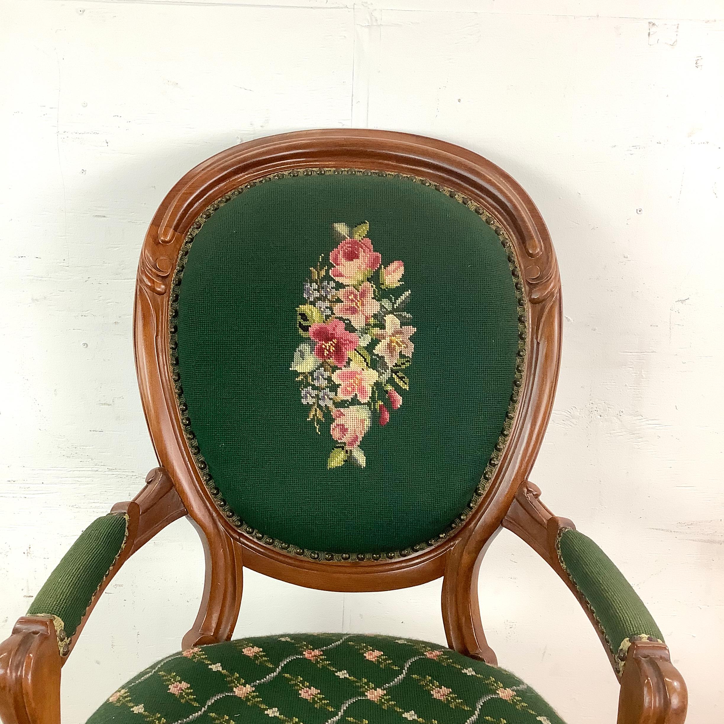 Upholstery Vintage Renaissance Revival Needlepoint Armchair With Footstool For Sale