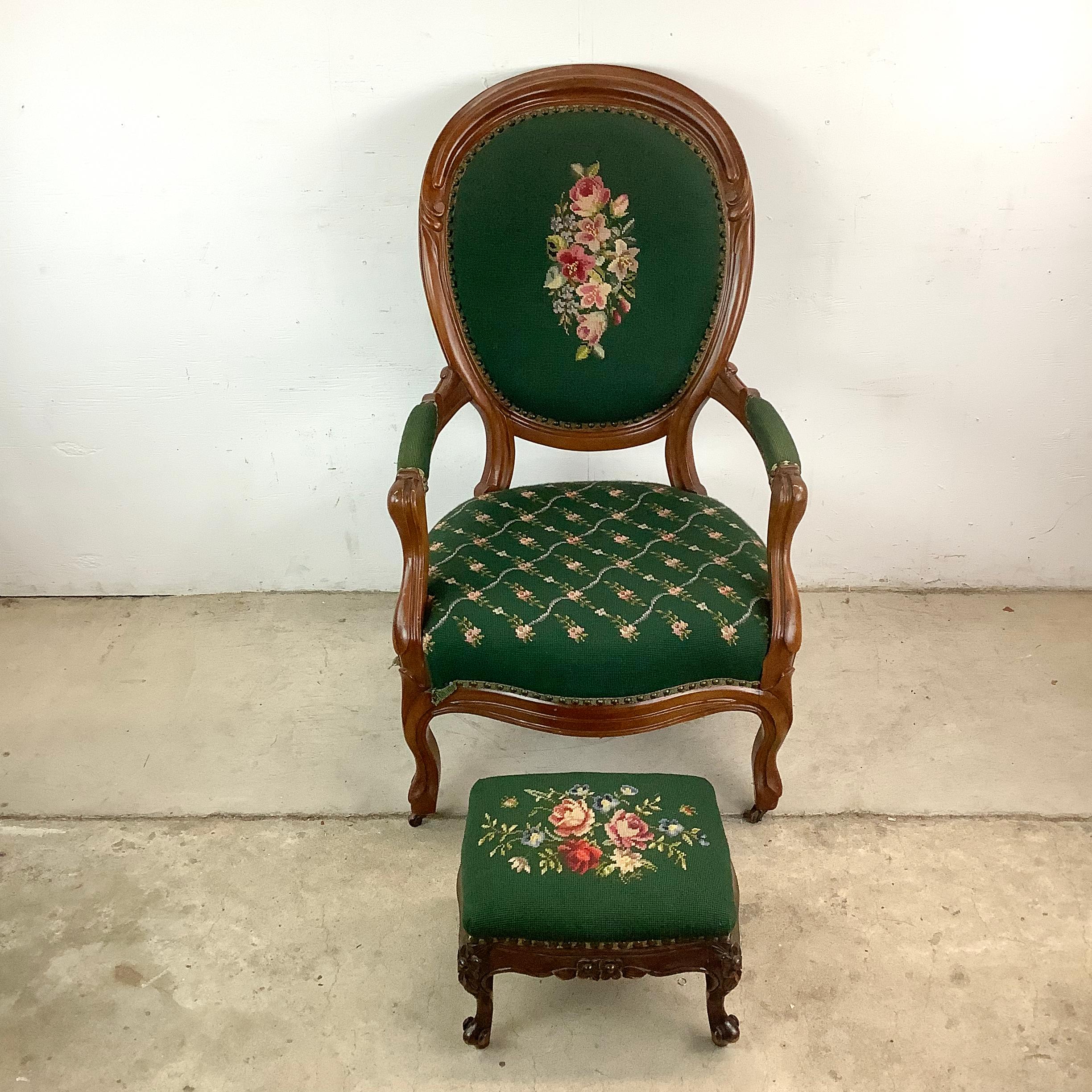 Vintage Renaissance Revival Needlepoint Armchair With Footstool For Sale 1