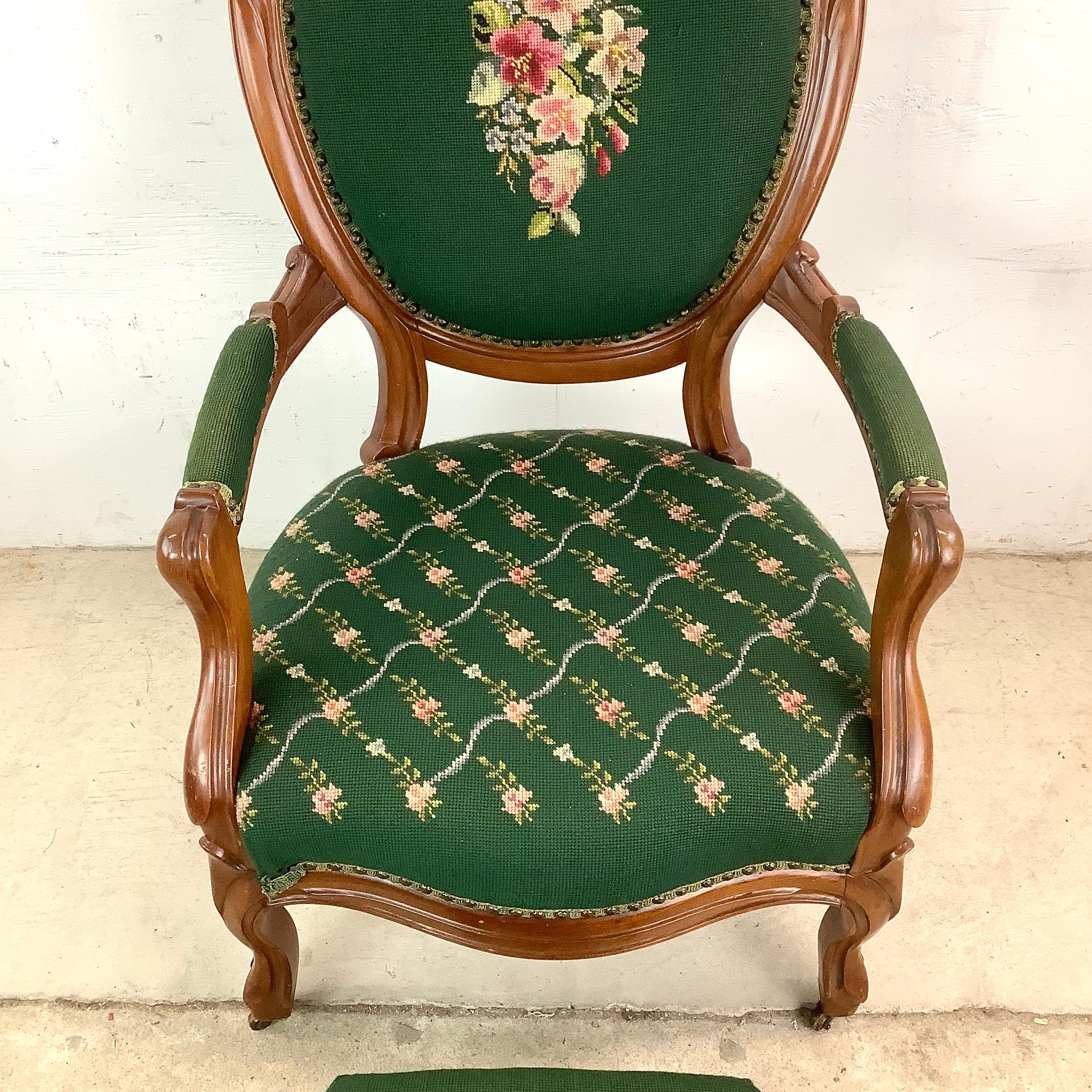 Vintage Renaissance Revival Needlepoint Armchair With Footstool For Sale 2
