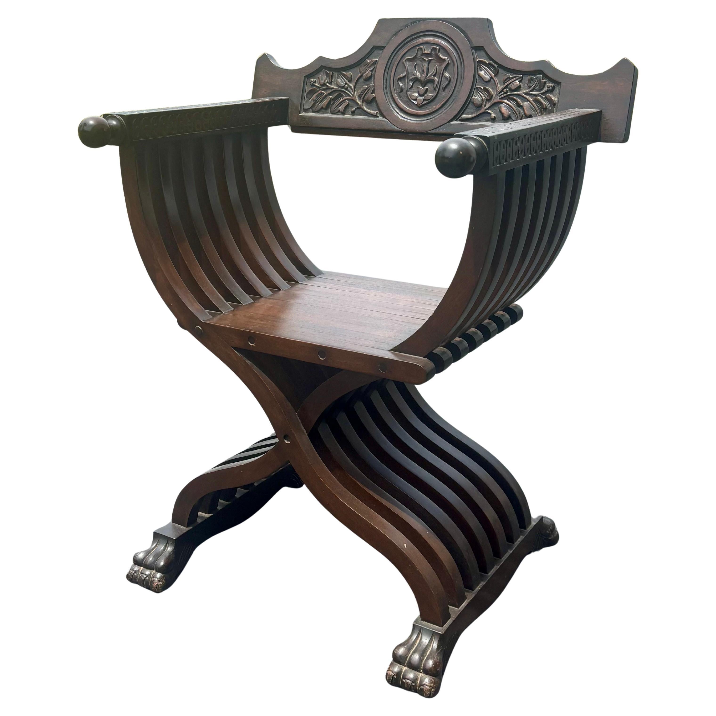 Vintage Renaissance Revival Savonarola Chair in Carved Walnut