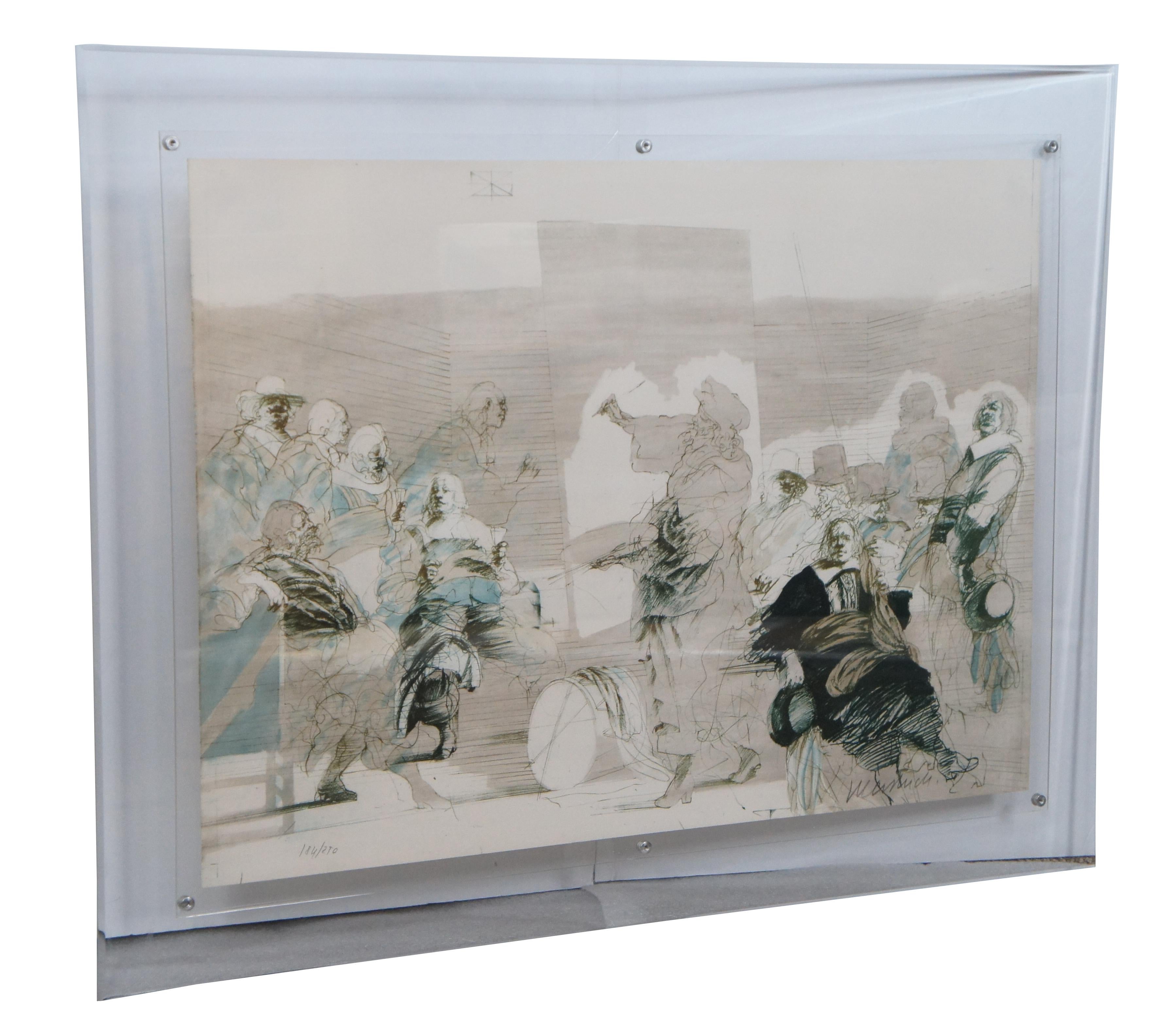Vintage Renaissance Sketch Lithograph of Scholars Philosophers Acrylic Frame In Good Condition For Sale In Dayton, OH