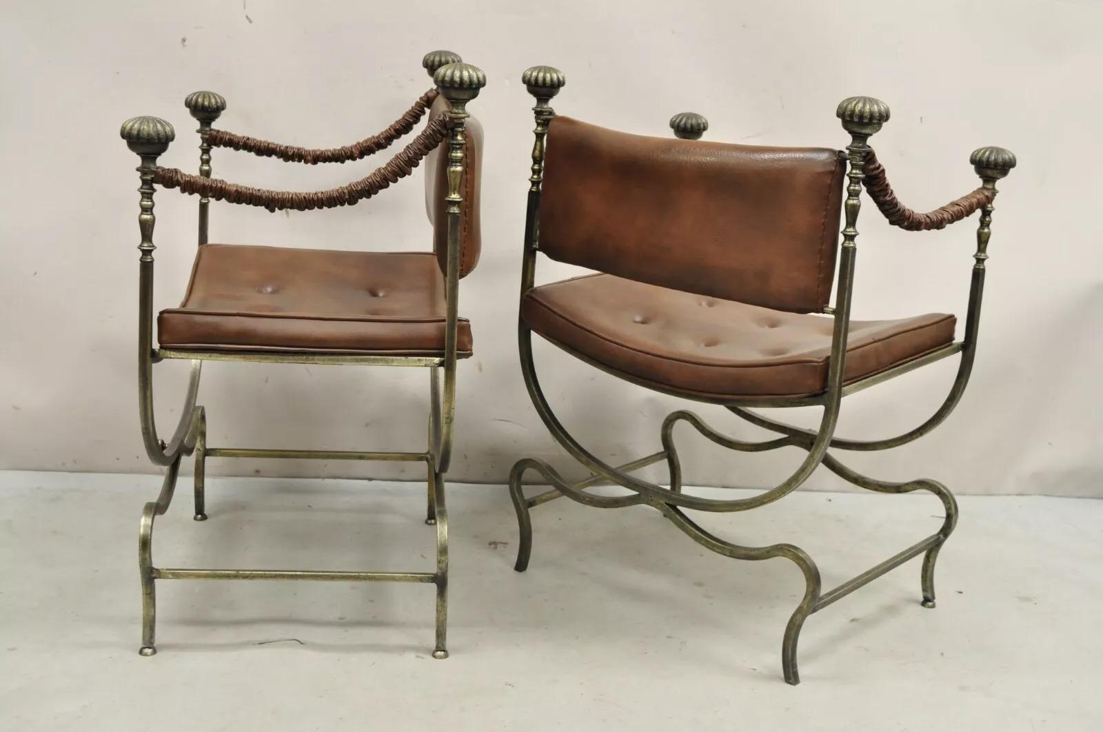 Vintage Renaissance Style Iron Savonarola Curule Campaign Arm Chairs - a Pair 4