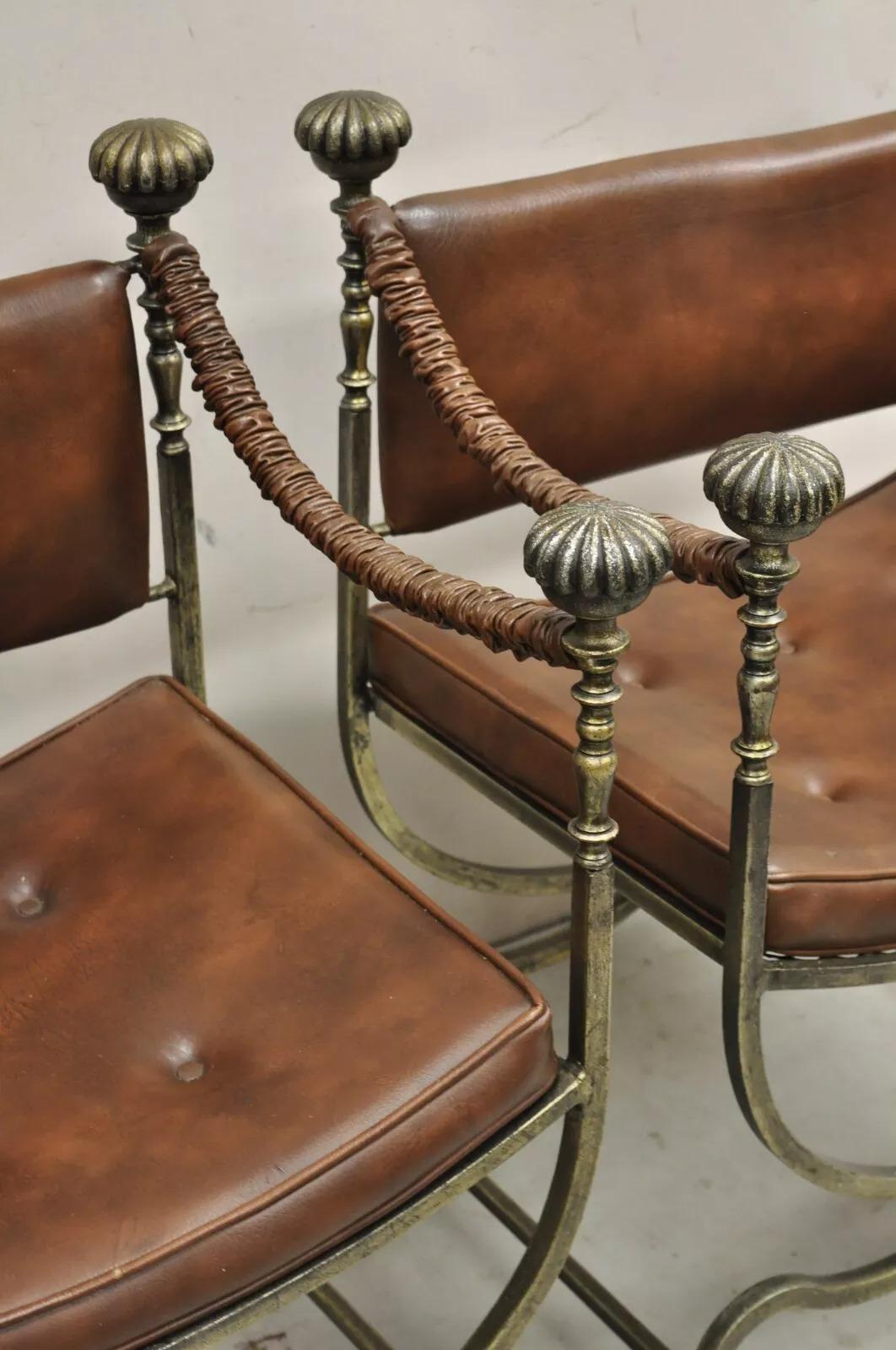 Unknown Vintage Renaissance Style Iron Savonarola Curule Campaign Arm Chairs - a Pair