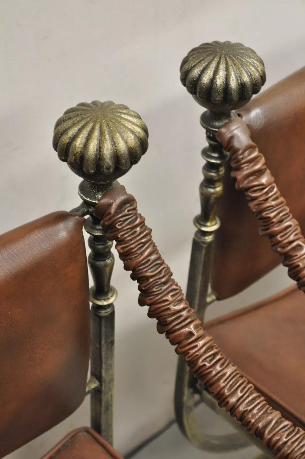 20th Century Vintage Renaissance Style Iron Savonarola Curule Campaign Arm Chairs - a Pair