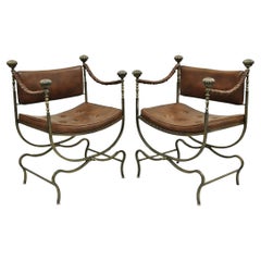 Vintage Renaissance Style Iron Savonarola Curule Campaign Arm Chairs - a Pair