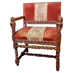 Vintage Renaissance Style Nutwood Armchair with Carved Armrests of 2 Ladies