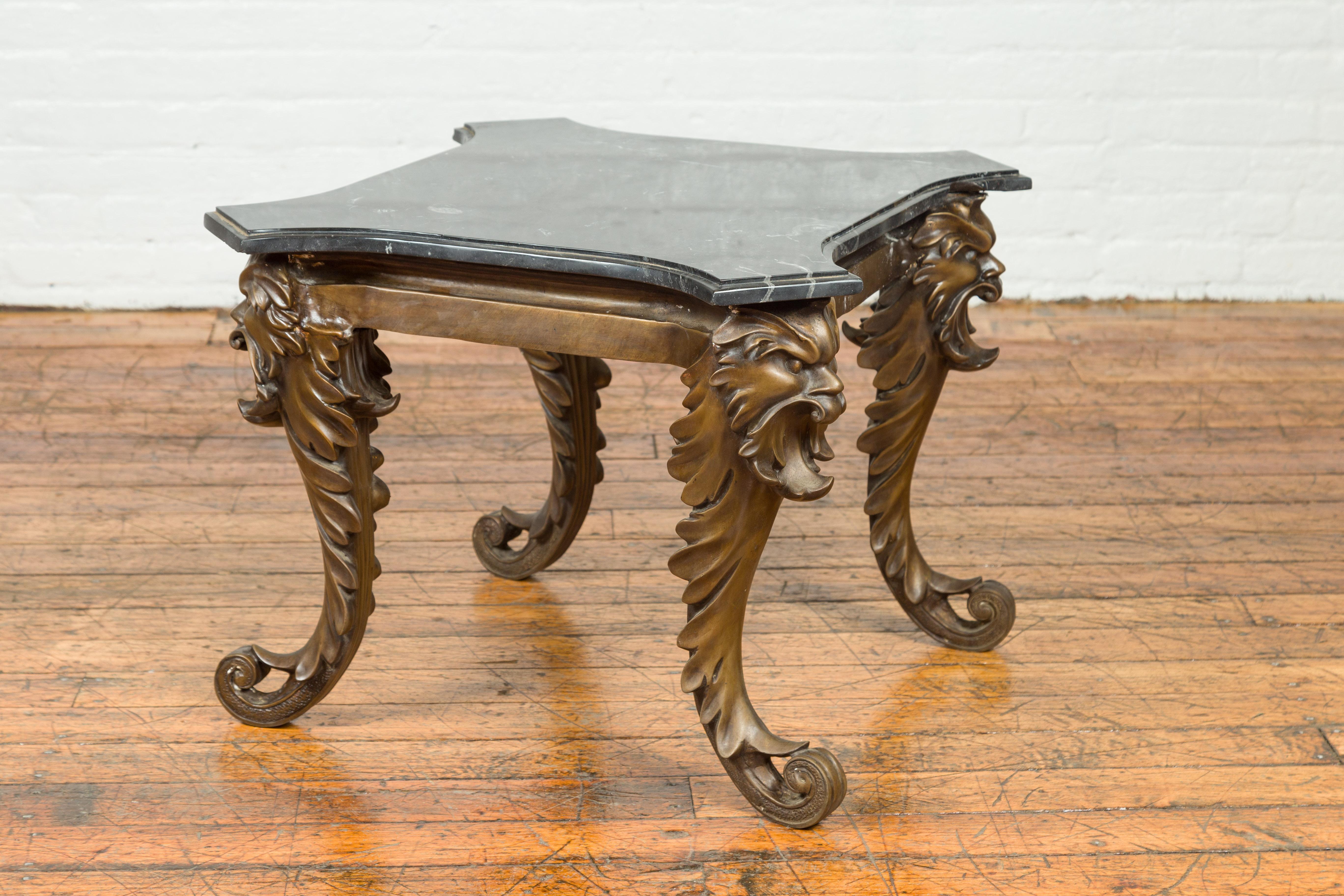 Vintage Renaissance Style Side Table with Grotesque Motifs and Black Marble Top For Sale 4