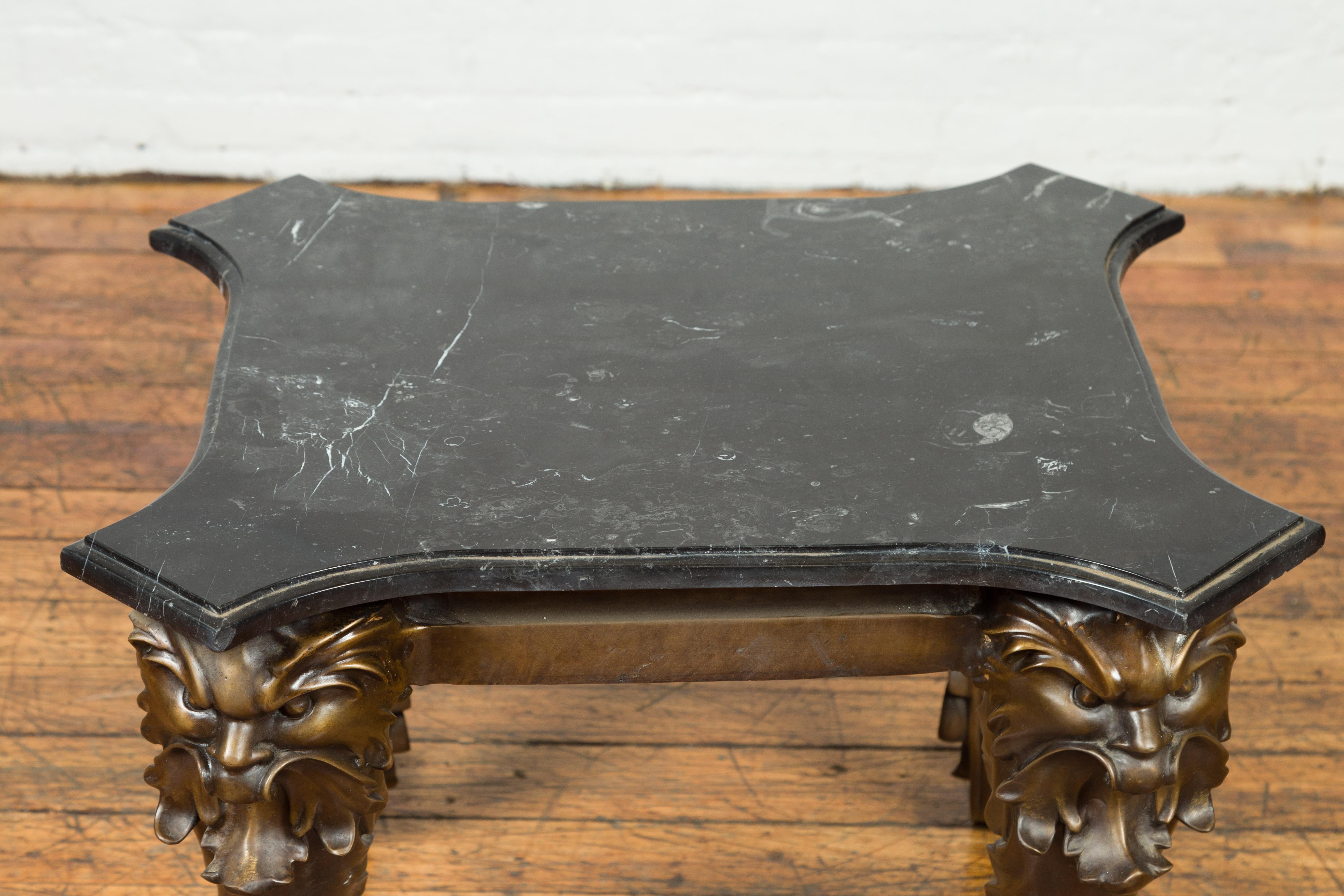 Vintage Renaissance Style Side Table with Grotesque Motifs and Black Marble Top In Good Condition For Sale In Yonkers, NY