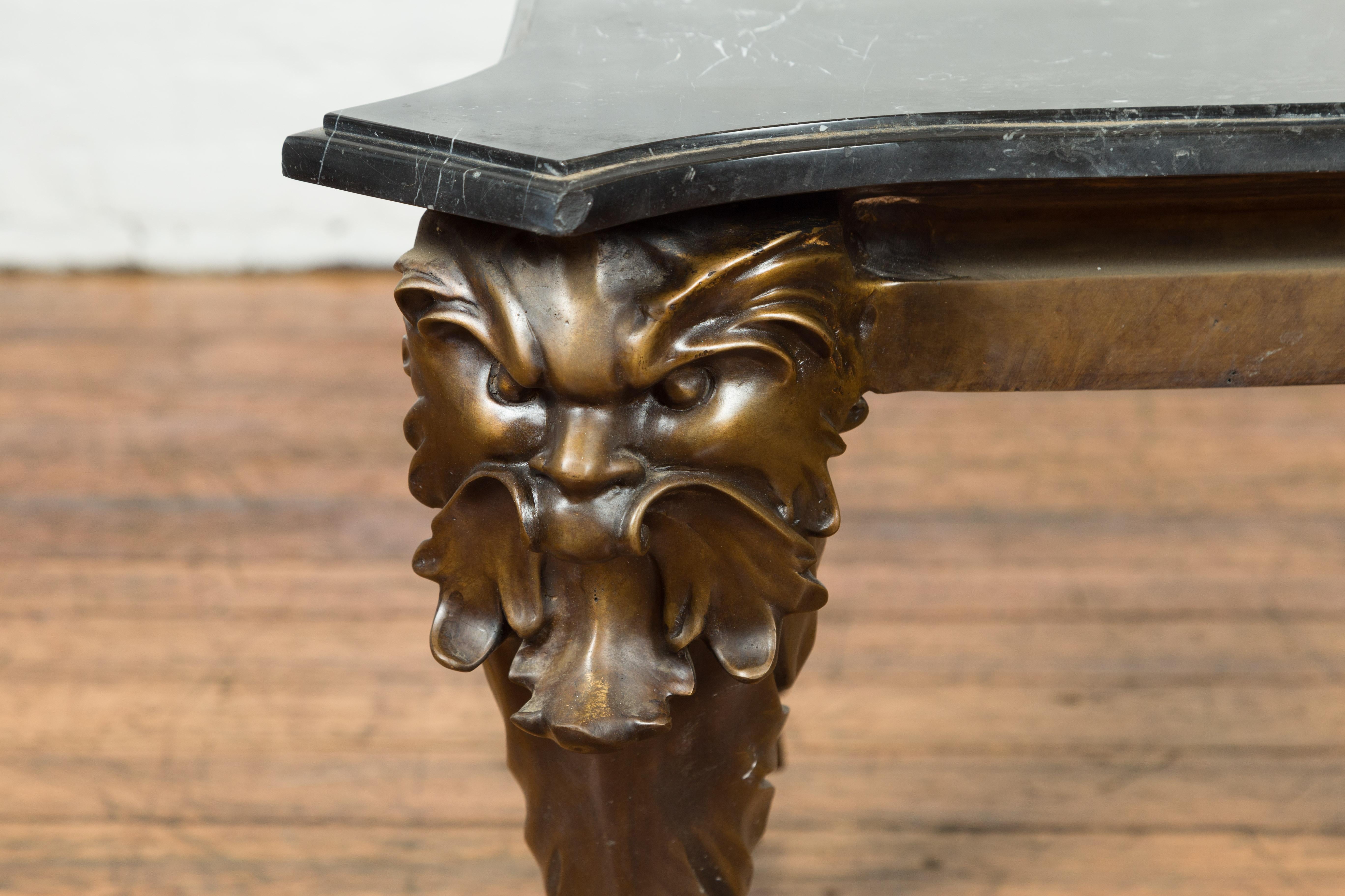Bronze Vintage Renaissance Style Side Table with Grotesque Motifs and Black Marble Top For Sale