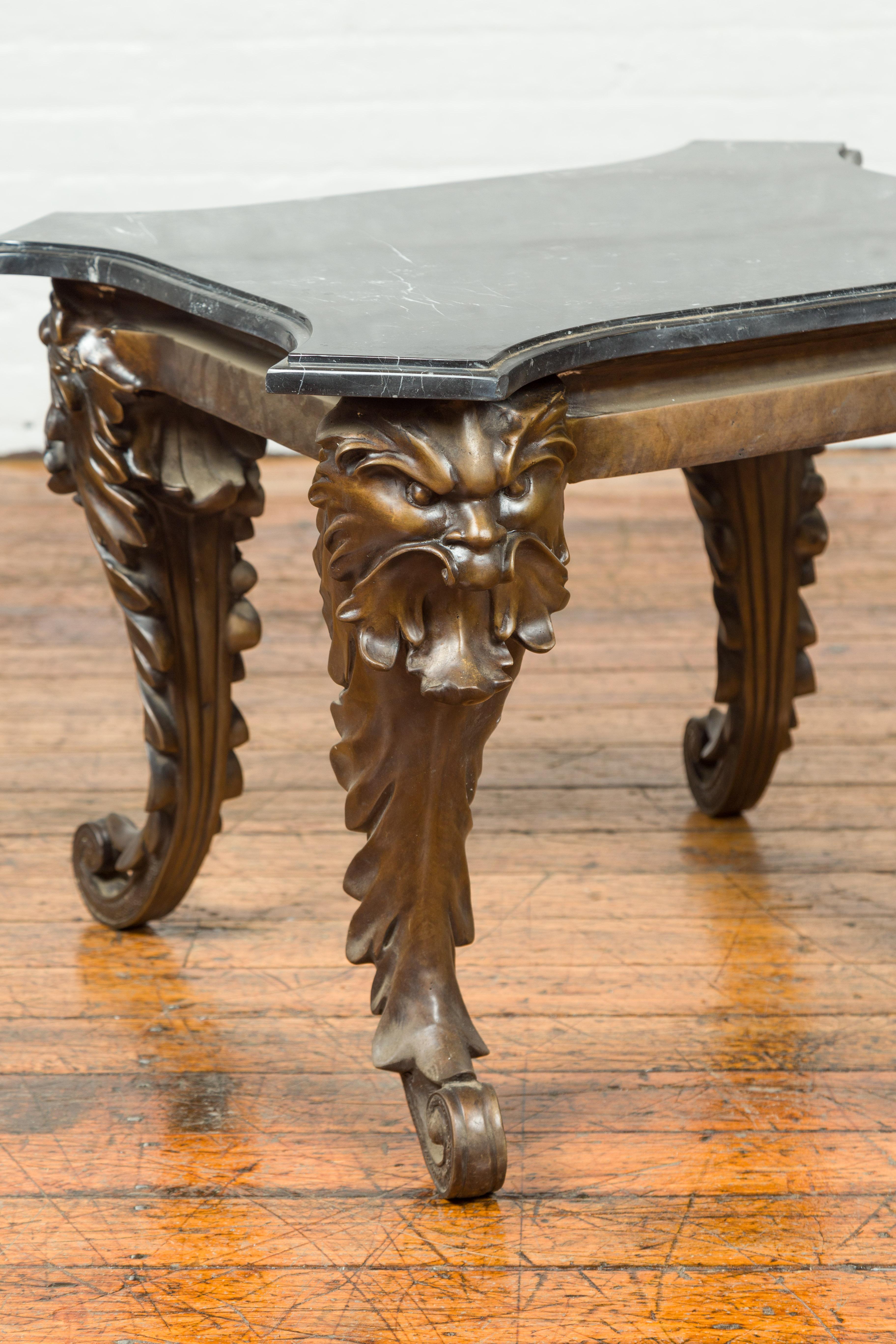 Vintage Renaissance Style Side Table with Grotesque Motifs and Black Marble Top For Sale 1
