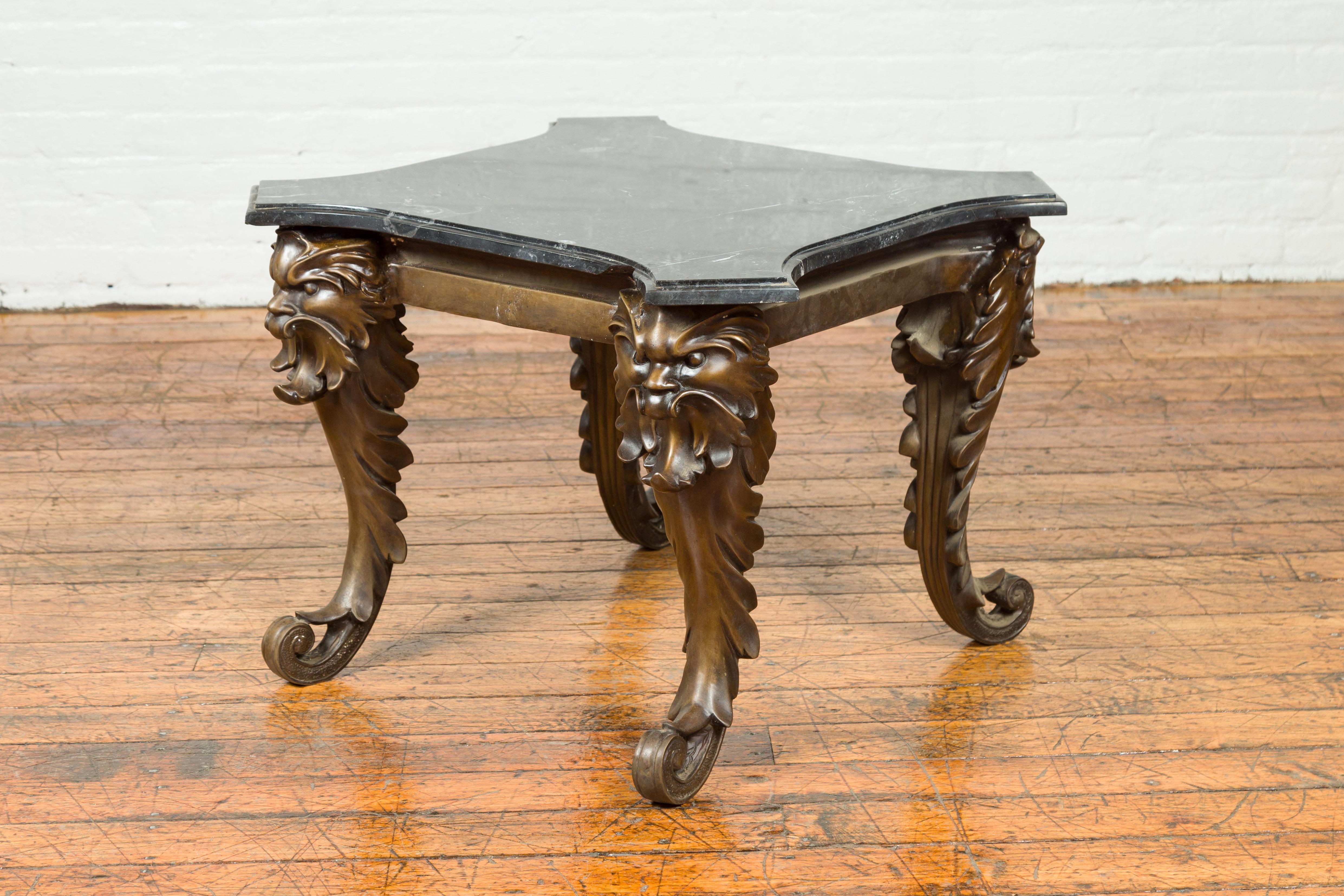 Vintage Renaissance Style Side Table with Grotesque Motifs and Black Marble Top For Sale 3