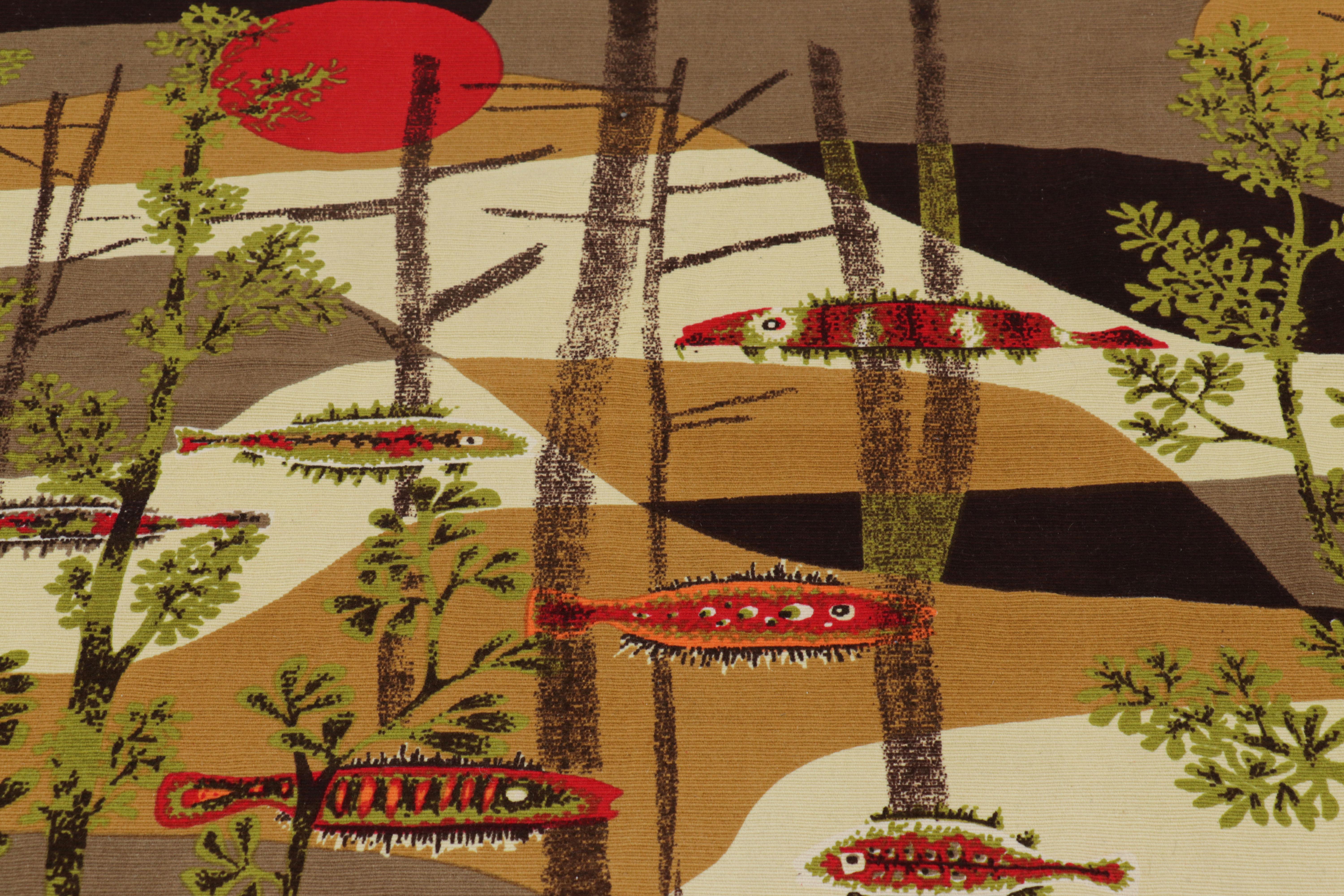 This 4x6 vintage Aubusson tapestry is a rare and special new curation from Rug & Kilim—a signed mid-century original by French artist Rene Fumneron, entitled  “Calypso”, handwoven in wool and originating from France circa 1960-1970. 

On the