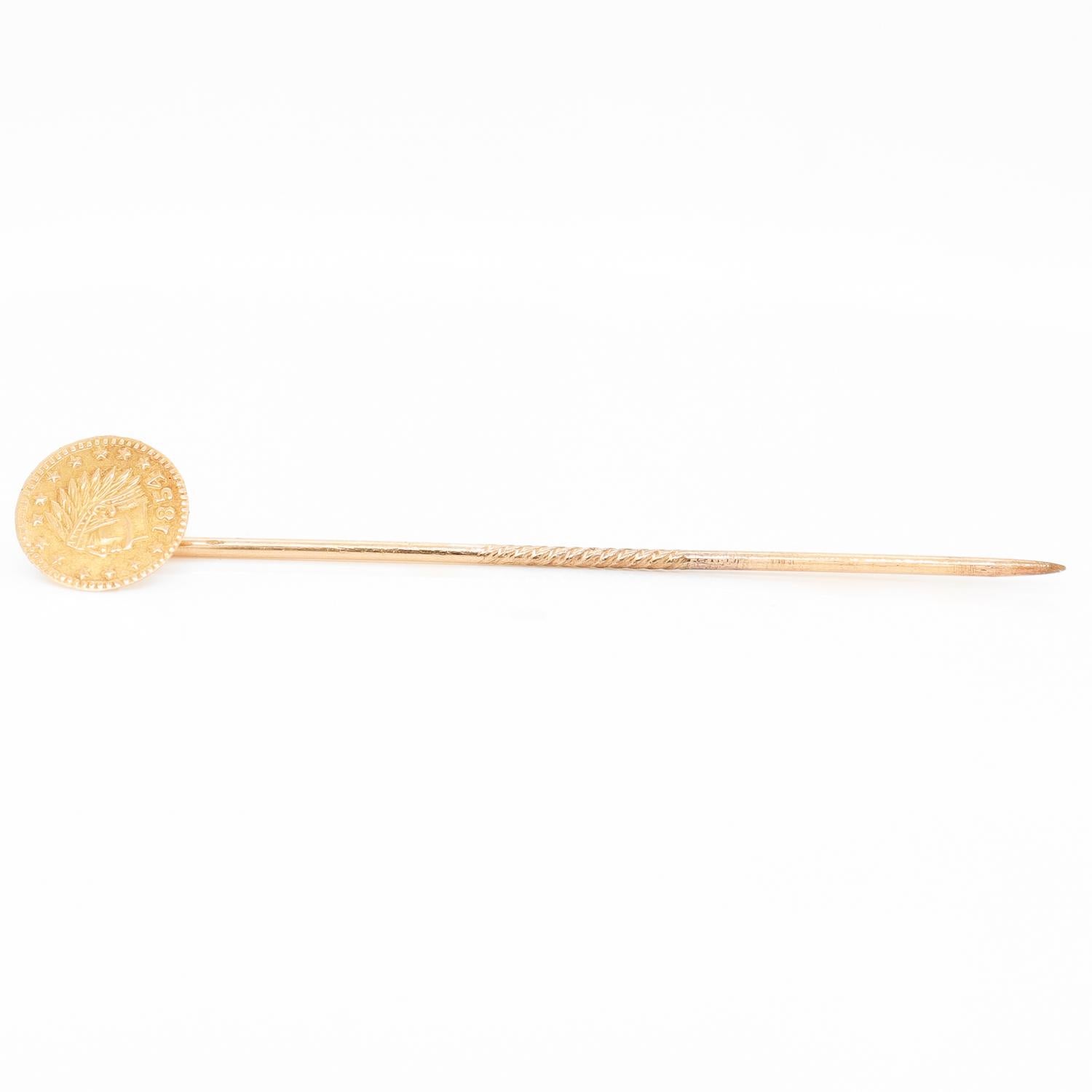 Vintage Replica 1854 'Indian Princess' $3 Gold Coin Stickpin In Good Condition For Sale In Philadelphia, PA