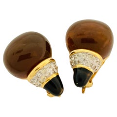 Vintage REPLICA gold rhinestone designer runway clip on earrings
