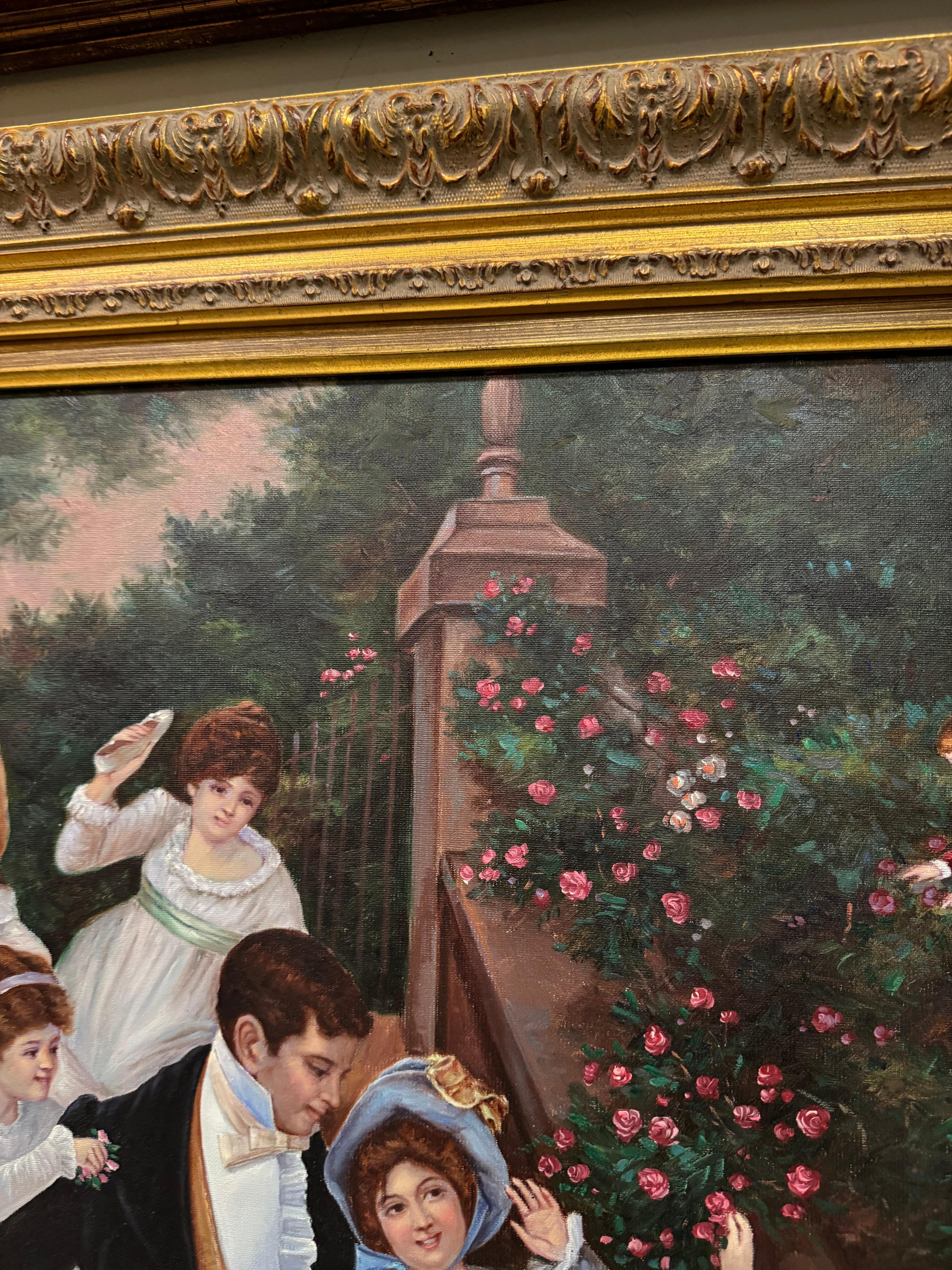 A stunning, framed Vintage replica of 19th century museum piece by Frederick Morgan off for the honeymoon painting . it shows details of wedding march in victorian era, the fancy clothing with the girls throwing flowers.  The wood frame is wide gold
