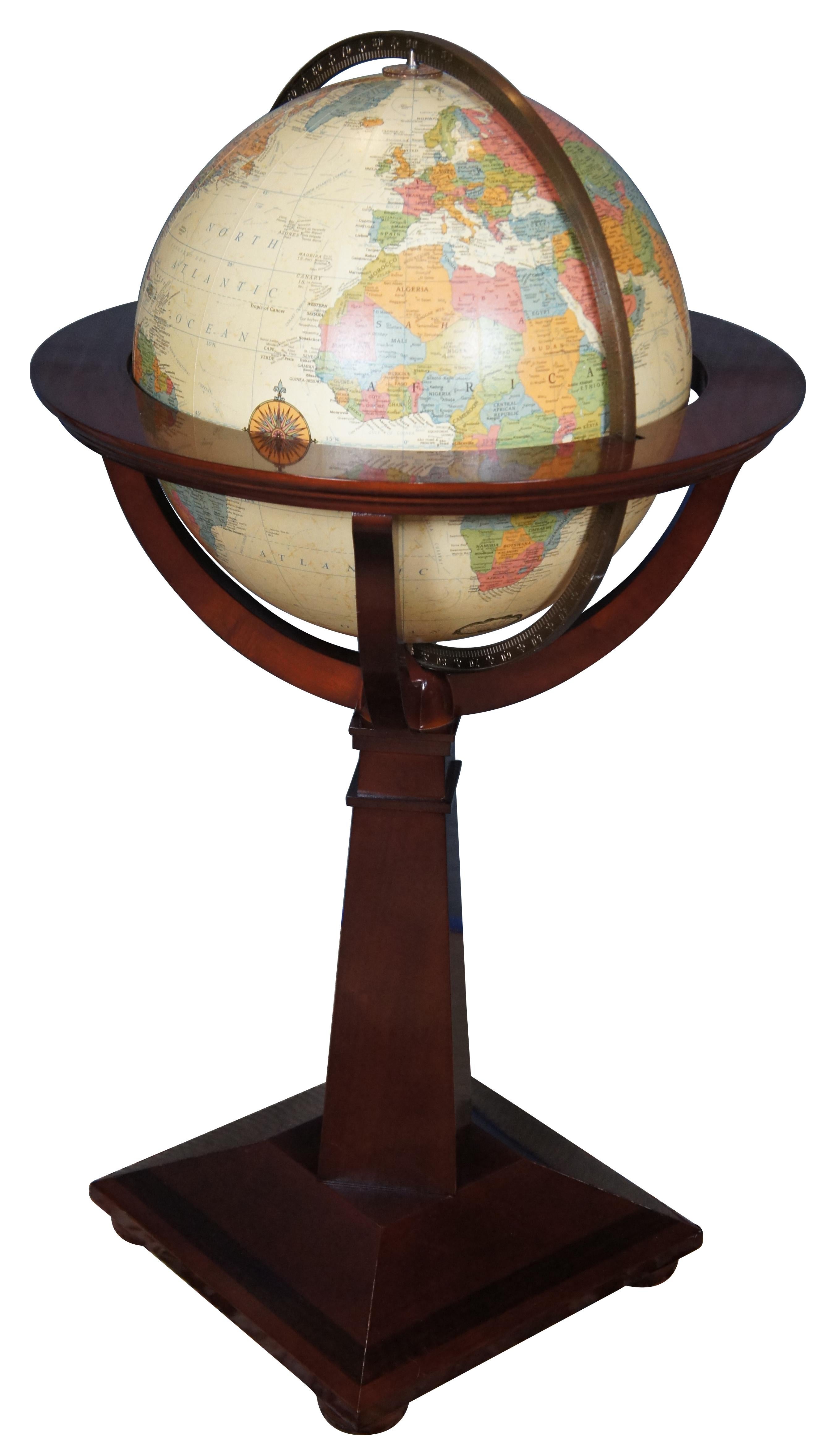 Vintage Replogle 16” floor globe set in an elegant pedestal stand with brass meridian. Batteries can be inserted for illumination.

“Inspired by the inlay craftsman of Italy, the 16”/40 cm diameter antique-ocean with raised-relief will become the