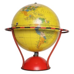 Vintage Replogle Yellow and Red Tin Litho "Globe Grams' Spinning World Globe