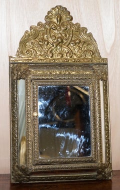 Vintage Repousse Brass Cushion Edge Mirror French Wall Mounted for Hanging Keys