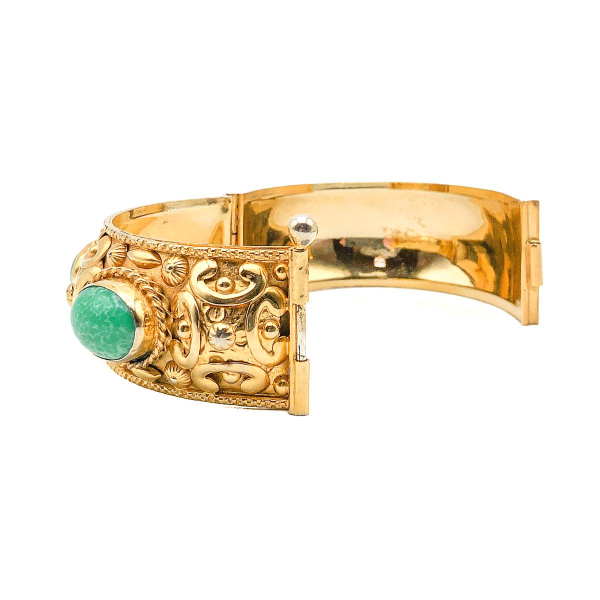 Vintage Repousse Jade Green Cabochon Bangle, 1970s In Good Condition For Sale In Wilmslow, GB