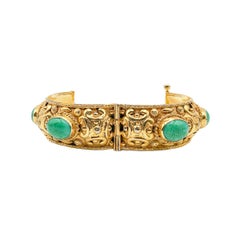 Vintage Repousse Jade Green Cabochon Bangle, 1970s