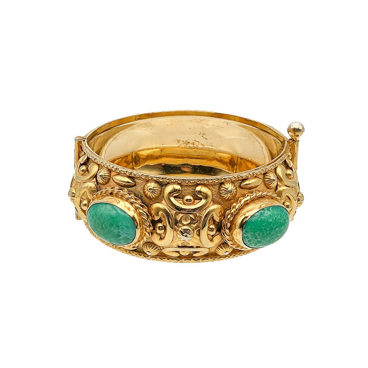 Vintage Repousse Jade Green Cabochon Bangle, 1970s For Sale