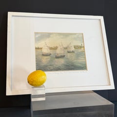 Vintage Reprint Watercolor of Boats on Water, Barnegat Bay, Signed
