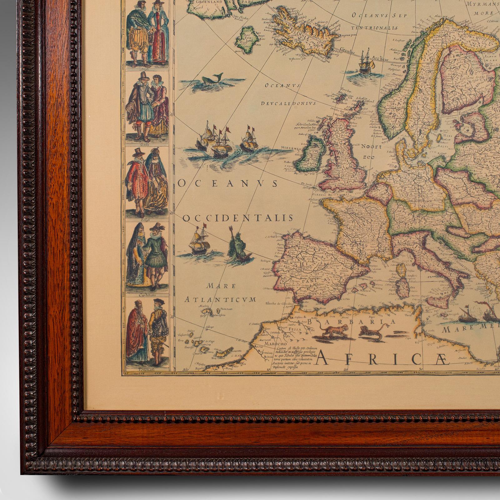 20th Century Vintage Reproduction 17th Century Map of Europe, American, Cartography, Blaeuw For Sale