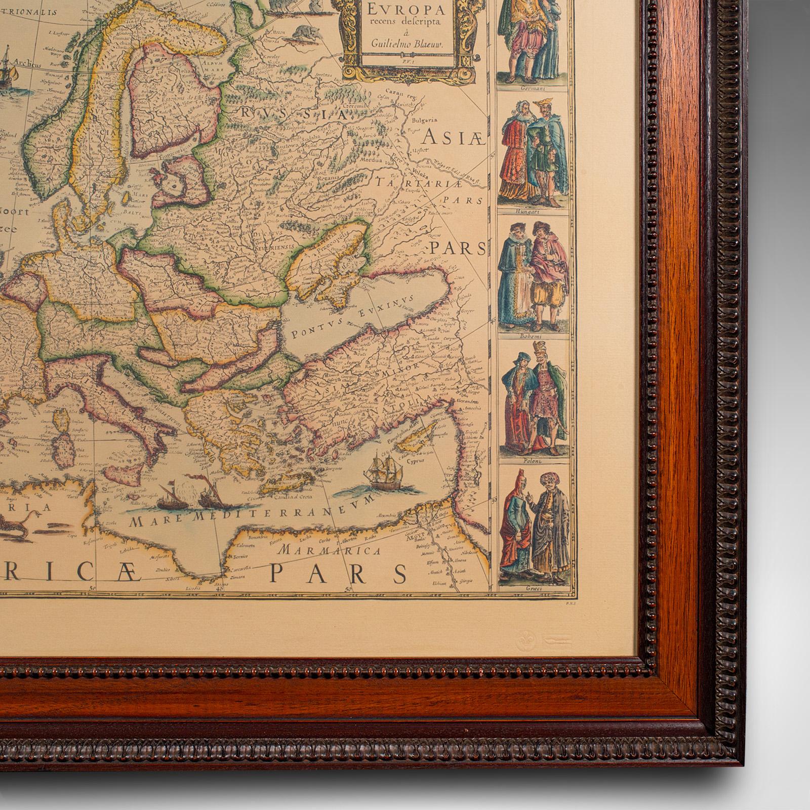 Glass Vintage Reproduction 17th Century Map of Europe, American, Cartography, Blaeuw For Sale