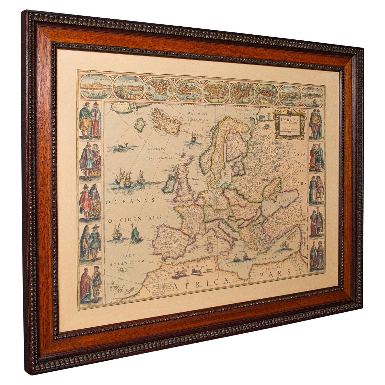 Reproduction vintage de la carte d'Europe du 17e siècle, américaine, cartographie, Blaeuw en vente