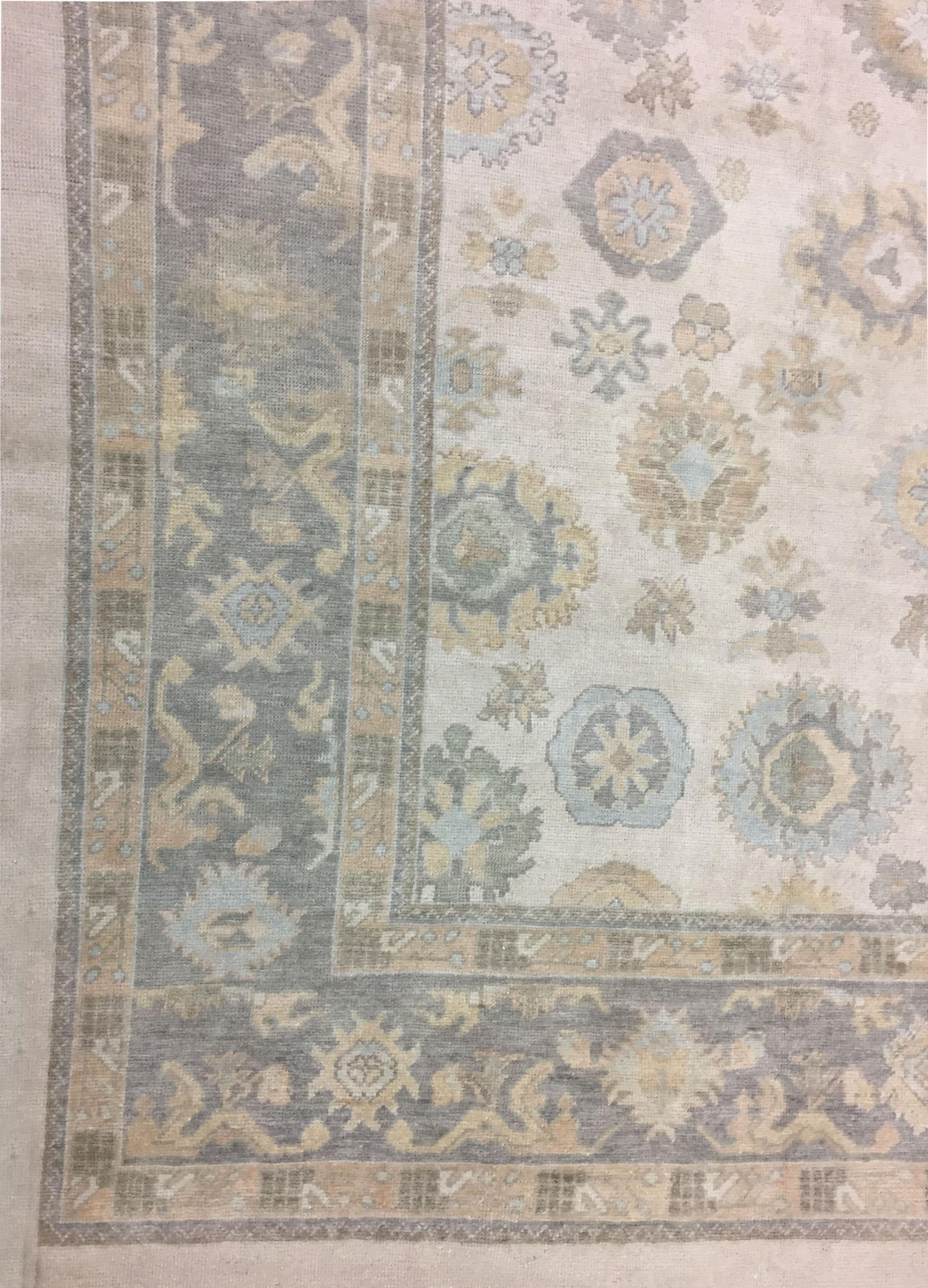 Turkish Vintage Reproduction Blue Oushak Wool Rug 13' x 17' For Sale