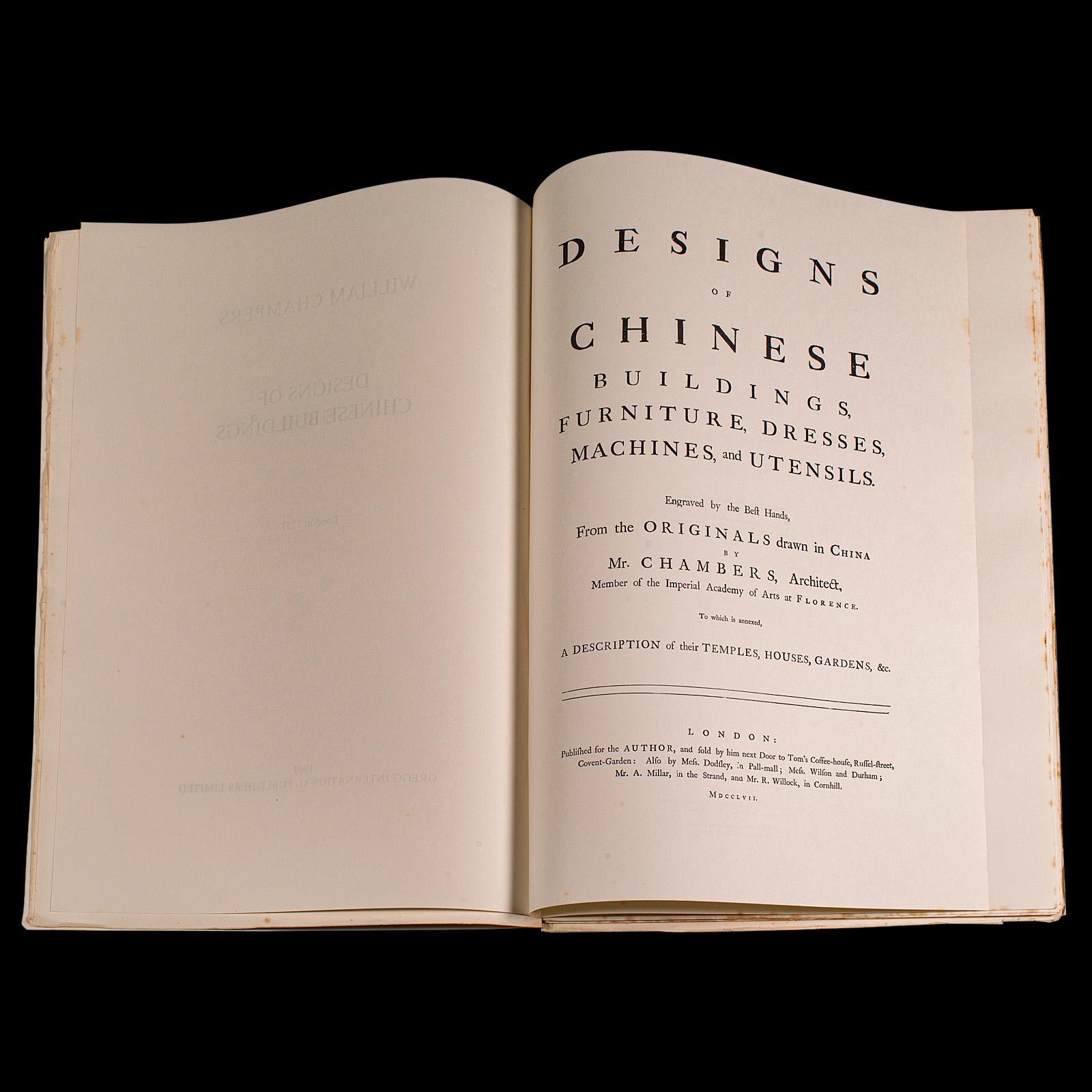 This is a vintage reproduction folio, A Design of Chinese Buildings, Furniture etc. An unbound reprint of the 18th century original by Sir William Chambers, printed in 1969.

Full Title: Design of Chinese Buildings, Furniture, Dresses, Machines and