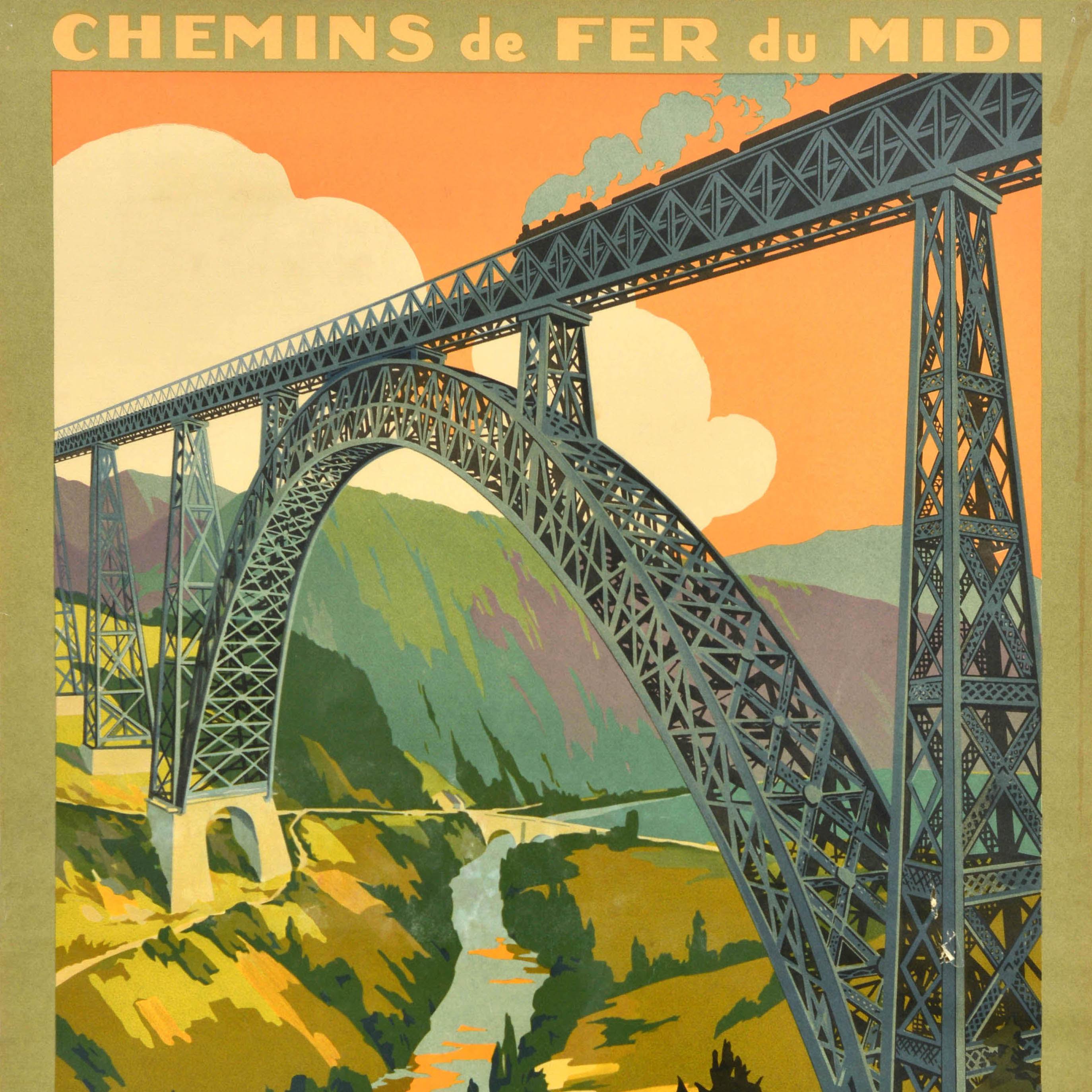 French Vintage Reproduction Of Archival Lithograph Chemins De Fer Du Midi L'Auvergne For Sale