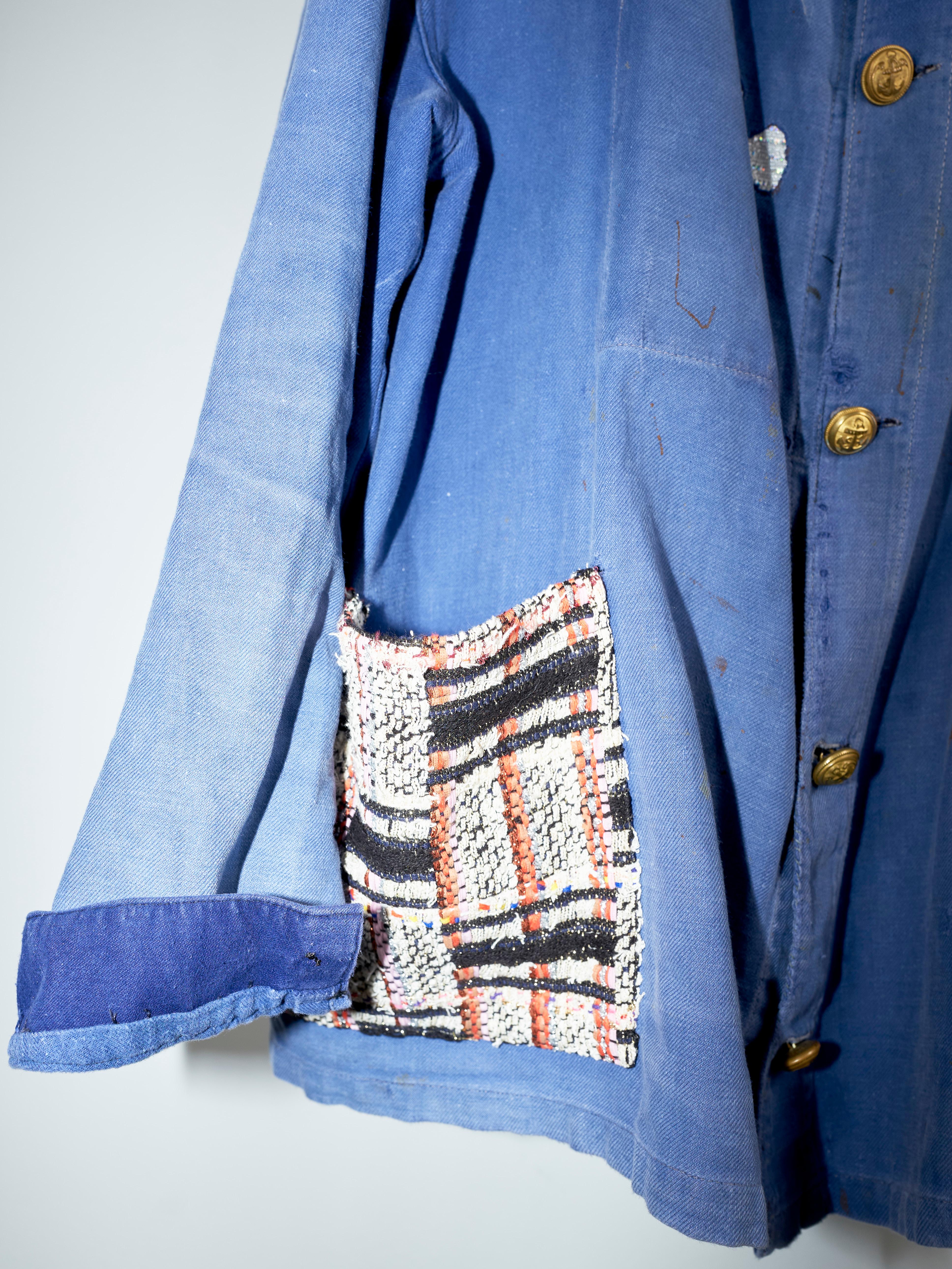 Tweed Pocket Light Blue Jacket Cotton French Work Wear Distressed Lurex Tweed 2