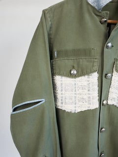 White Lurex Tweed Jacket Green Military Vintage Repurposed J Dauphin Small